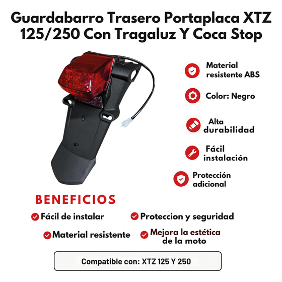 GUARDABARRO TRASERO PORTAPLACA XTZ 125/250 CON TRAGALUZ Y COCA STOP